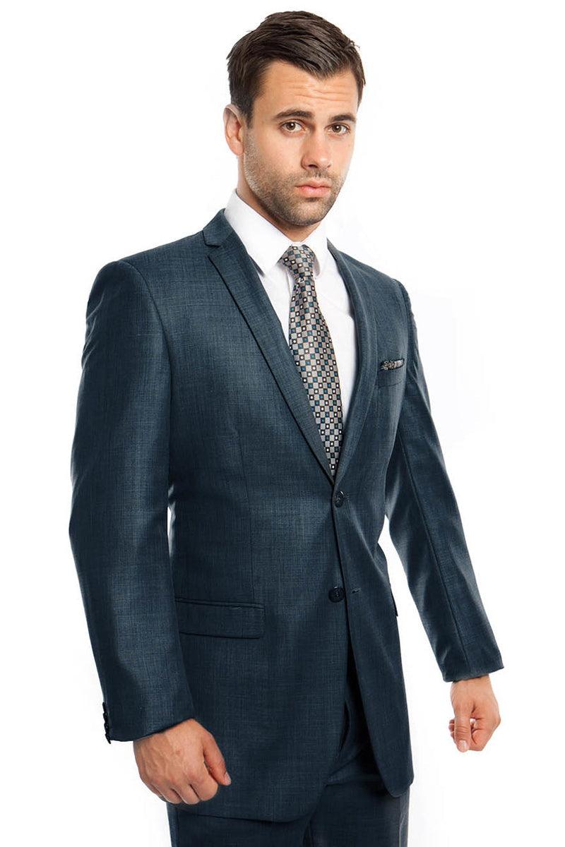 Men's Navy Blue Tazio Sharkskin Suit: Slim Fit, Shiny & Textured - Elegant Mensattire