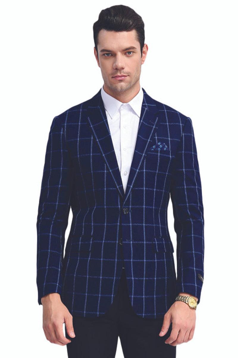 Men's Navy Blue Tazio Sport Coat: Slim Fit, 2-Button, Chalk Bold Windowpane - Elegant Mensattire