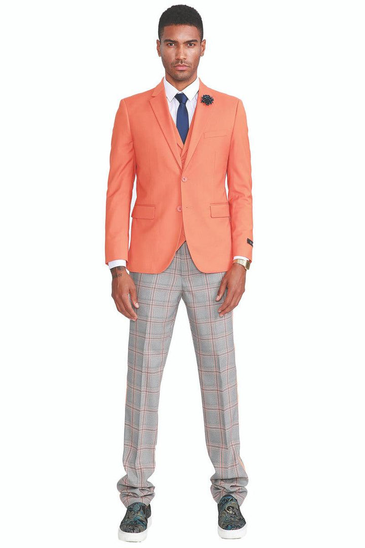 Men's Orange Summer Vested Suit w/ Orange & Grey Plaid Pants | 40R | Sean Alexander - Elegant Mensattire