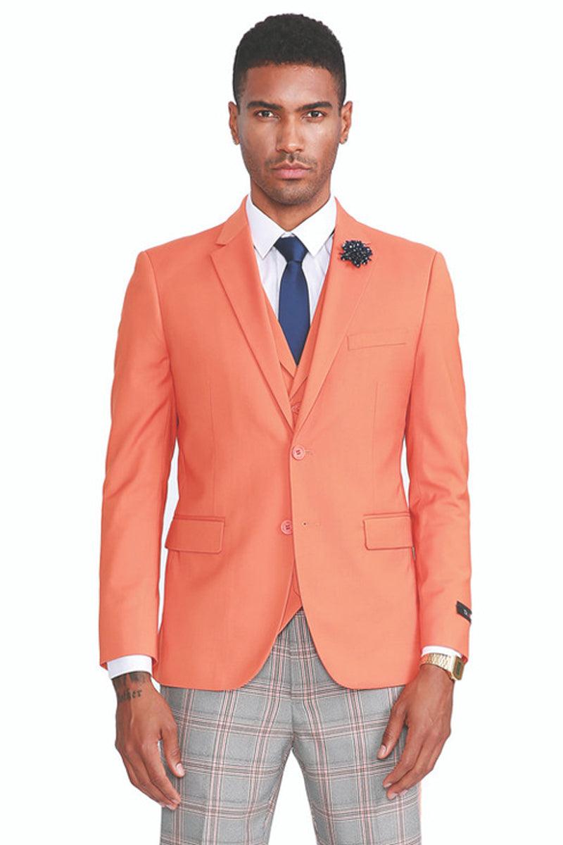 Men's Orange Summer Vested Suit w/ Orange & Grey Plaid Pants | 40R | Sean Alexander - Elegant Mensattire