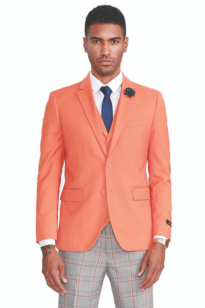 Men's Orange Summer Vested Suit w/ Orange & Grey Plaid Pants | 40R | Sean Alexander - Elegant Mensattire