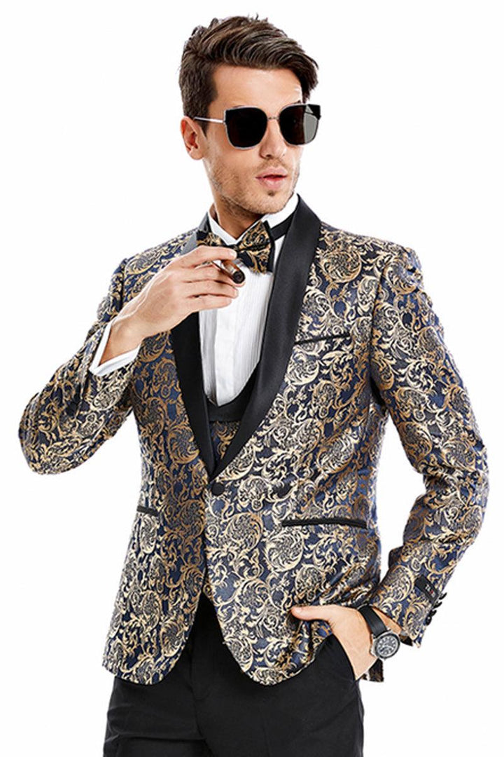 Men's Paisley-Print Navy Shawl Tuxedo by Tazio: Perfect for Proms & Weddings. - Elegant Mensattire