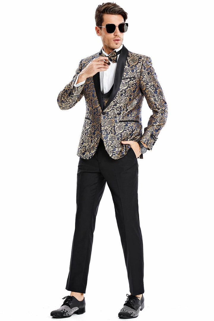 Men's Paisley-Print Navy Shawl Tuxedo by Tazio: Perfect for Proms & Weddings. - Elegant Mensattire