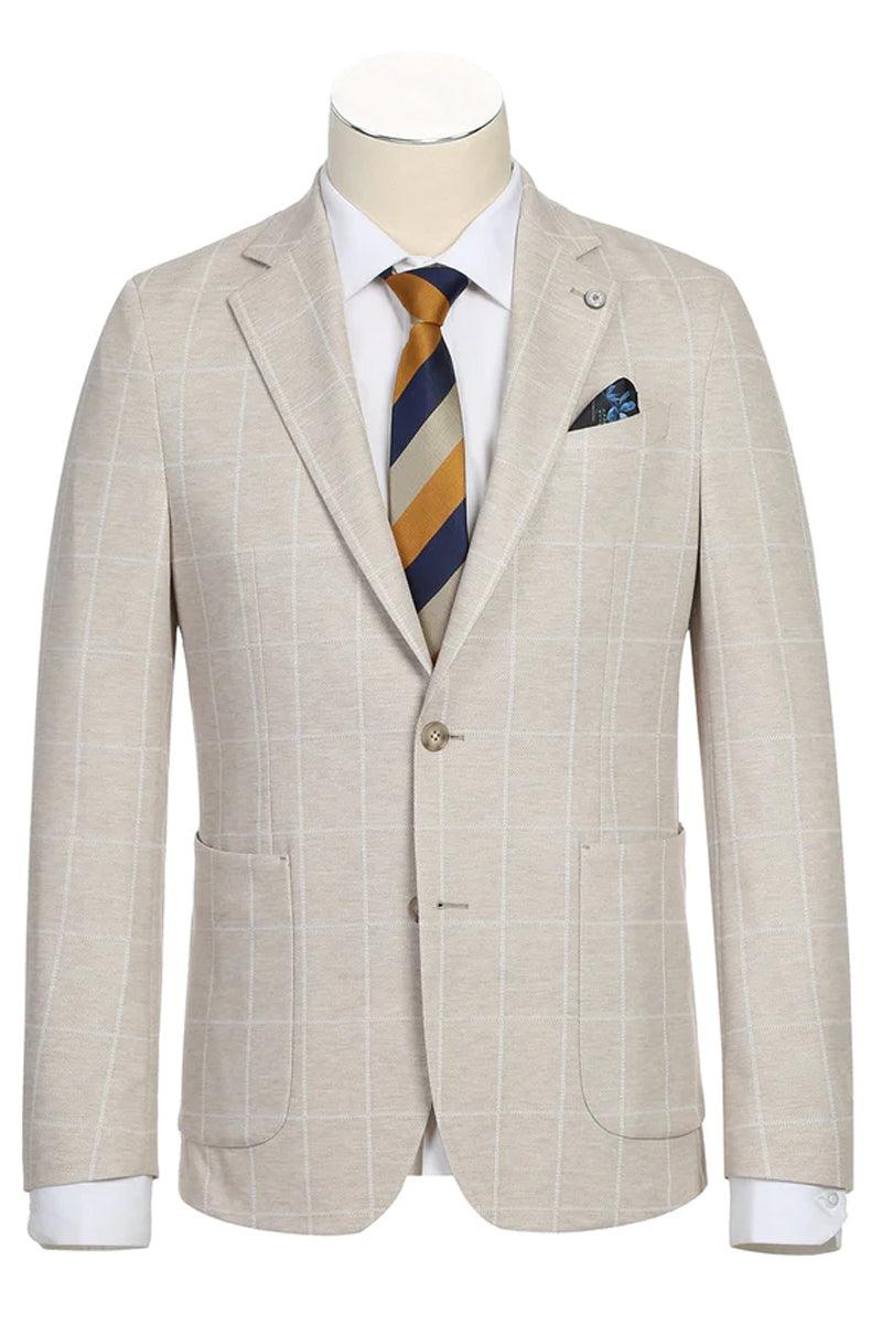 Men's Pelago Unconstructed Blazer - Half Canvas, Light Tan Windowpane Plaid - Elegant Mensattire