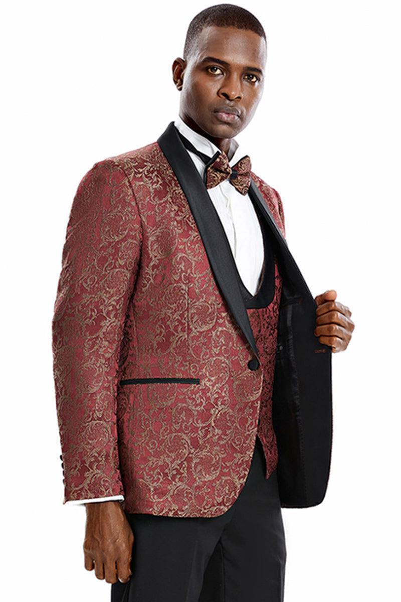 Men's Red & Gold Paisley One-Button Vested Tuxedo by Tazio for Prom & Weddings - Elegant Mensattire