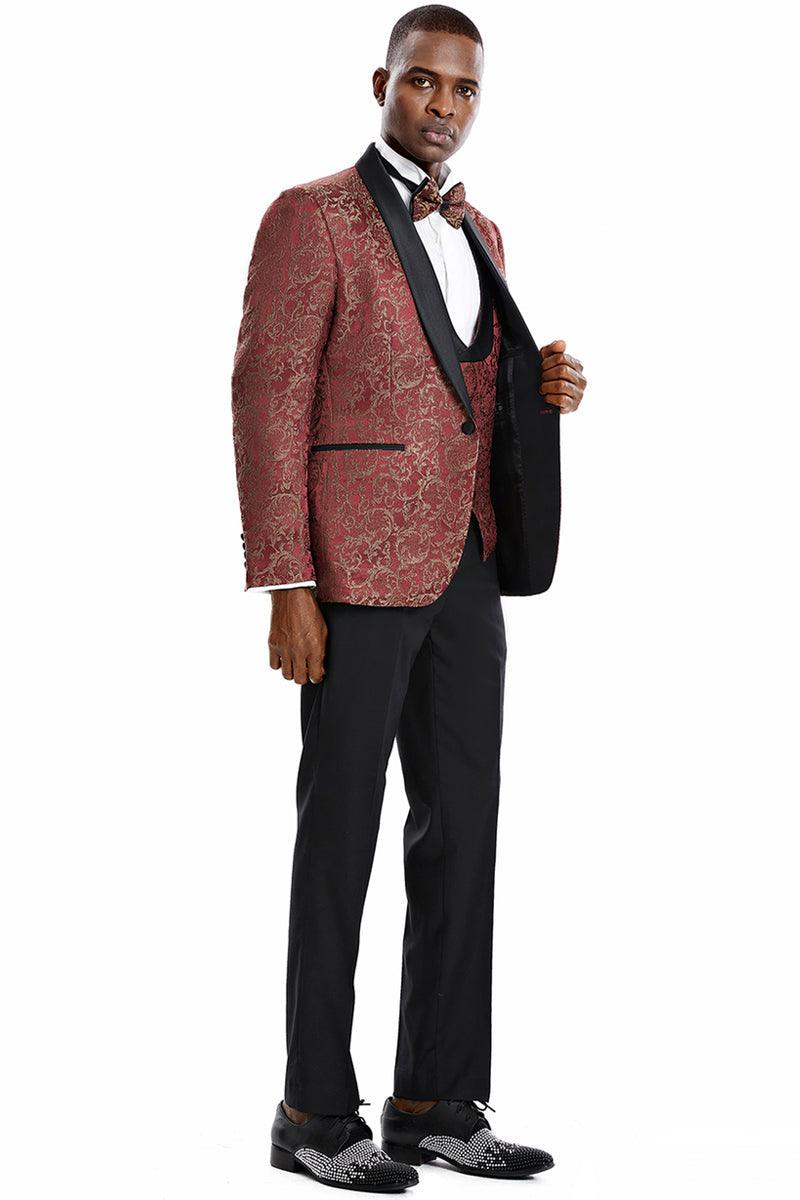 Men's Red & Gold Paisley One-Button Vested Tuxedo by Tazio for Prom & Weddings - Elegant Mensattire