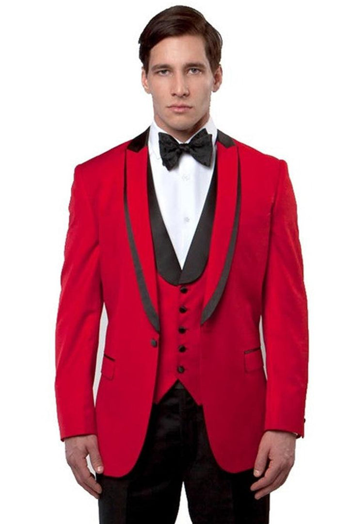 Men's Red Bryan Michaels Fancy Tuxedo w/ Satin-Trimmed Peak Lapel & Single Button Vest - Elegant Mensattire