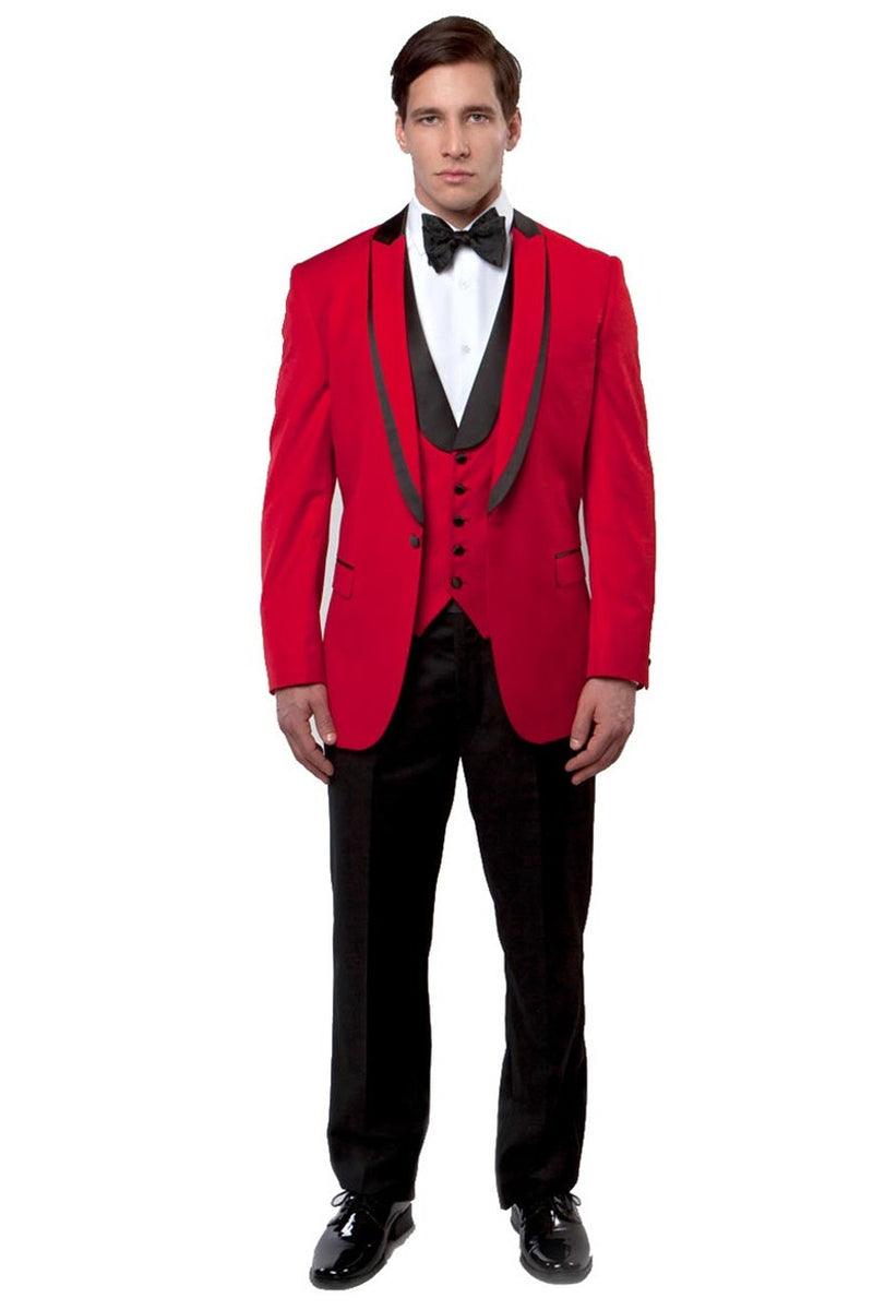 Men's Red Bryan Michaels Fancy Tuxedo w/ Satin-Trimmed Peak Lapel & Single Button Vest - Elegant Mensattire