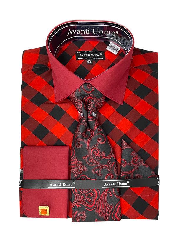 Men's Red Check Dress Shirt Set w/ Contrast Collar & French Cuffs - Daniel Ellissa - Elegant Mensattire