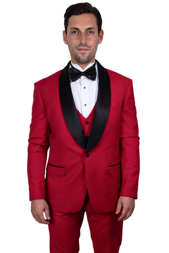 Men's Red Stacy Adams Vested Single-Button Shawl Lapel Tuxedo - Elegant Mensattire