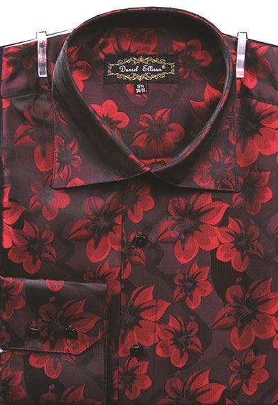 "Men's Regular Fit Tonal Floral Pattern Sports Shirt by Daniel Ellissa - Burgundy" - Elegant Mensattire