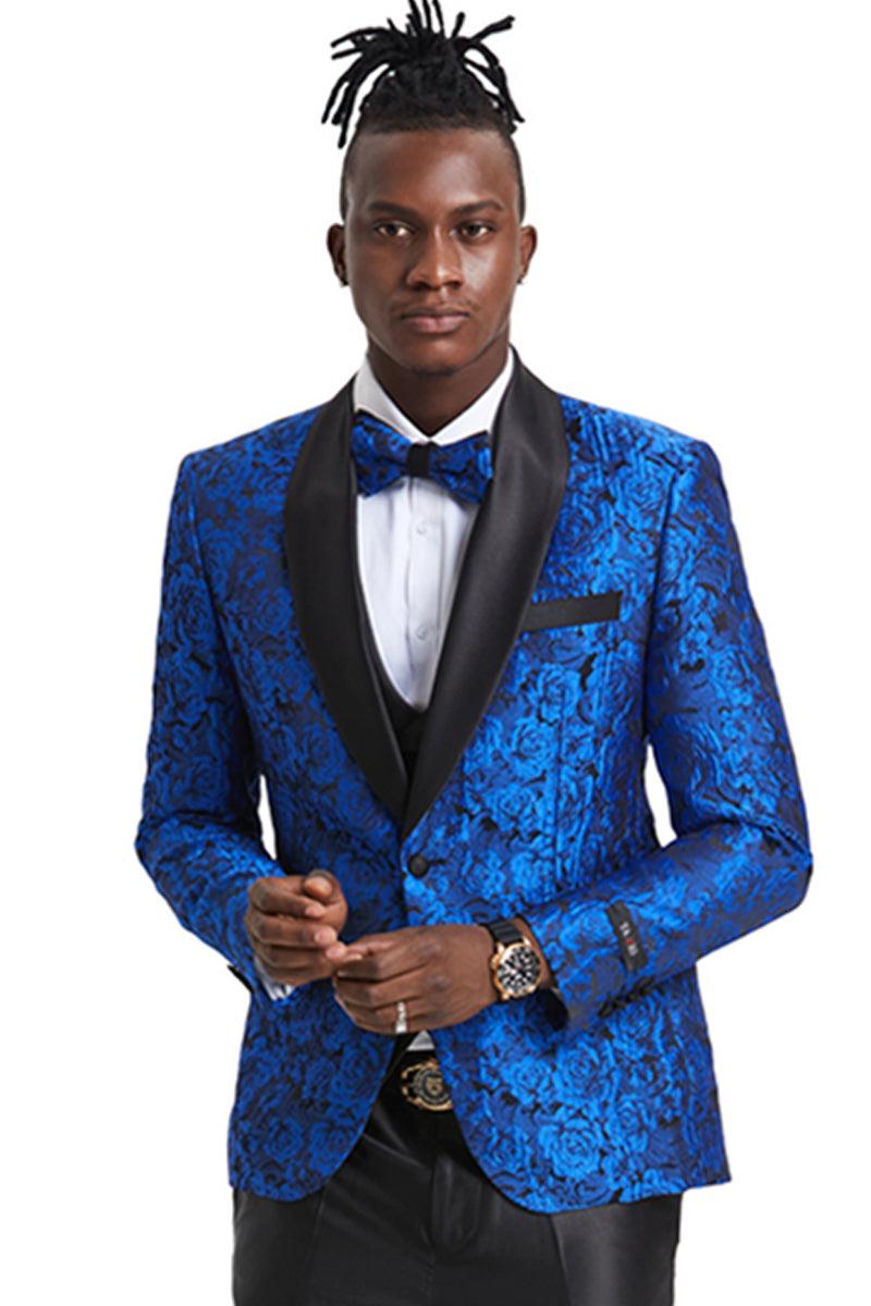 Men's Royal Blue Paisley Tuxedo Vested Prom Shirt by Tazio Fit: Slim, One Button - Elegant Mensattire