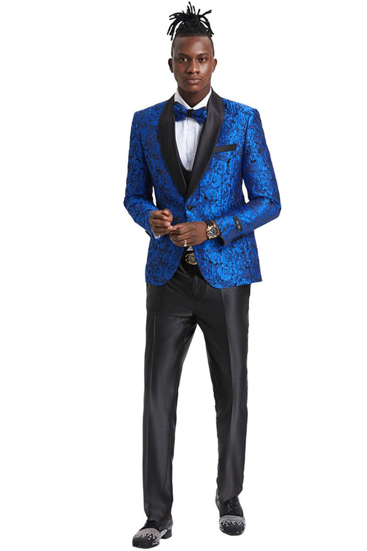 Men's Royal Blue Paisley Tuxedo Vested Prom Shirt by Tazio Fit: Slim, One Button - Elegant Mensattire