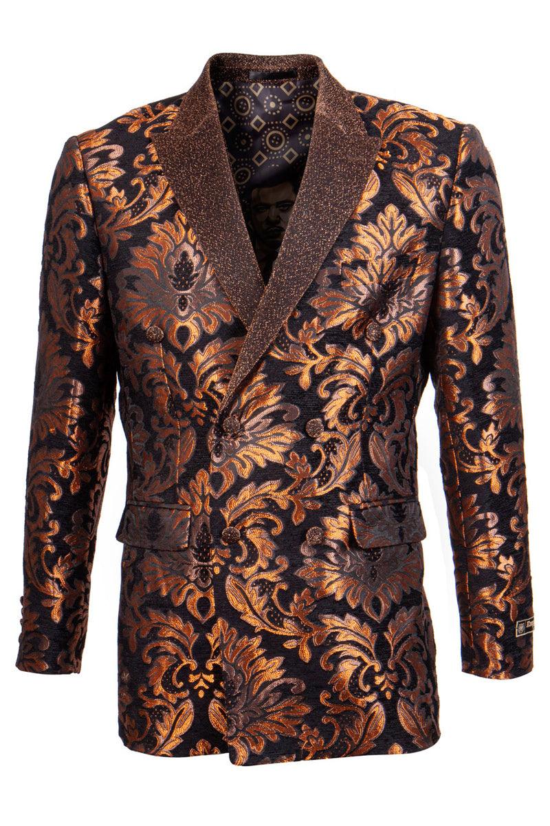 Men's Rust Double Breasted Floral Brocade Tuxedo Jacket - Shimmery Shine by Empire - Elegant Mensattire