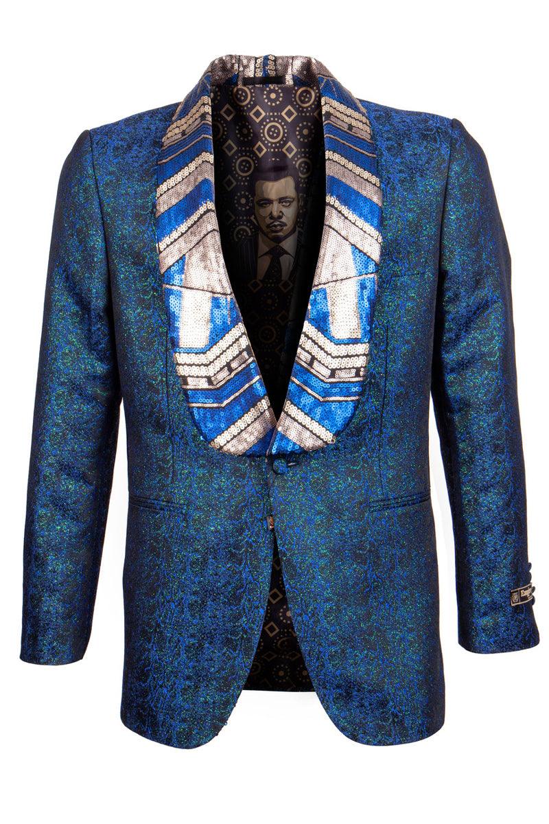 Men's Shiny Egyptian Design Sequin Lapel Tuxedo Jacket - Navy by Empire - Elegant Mensattire