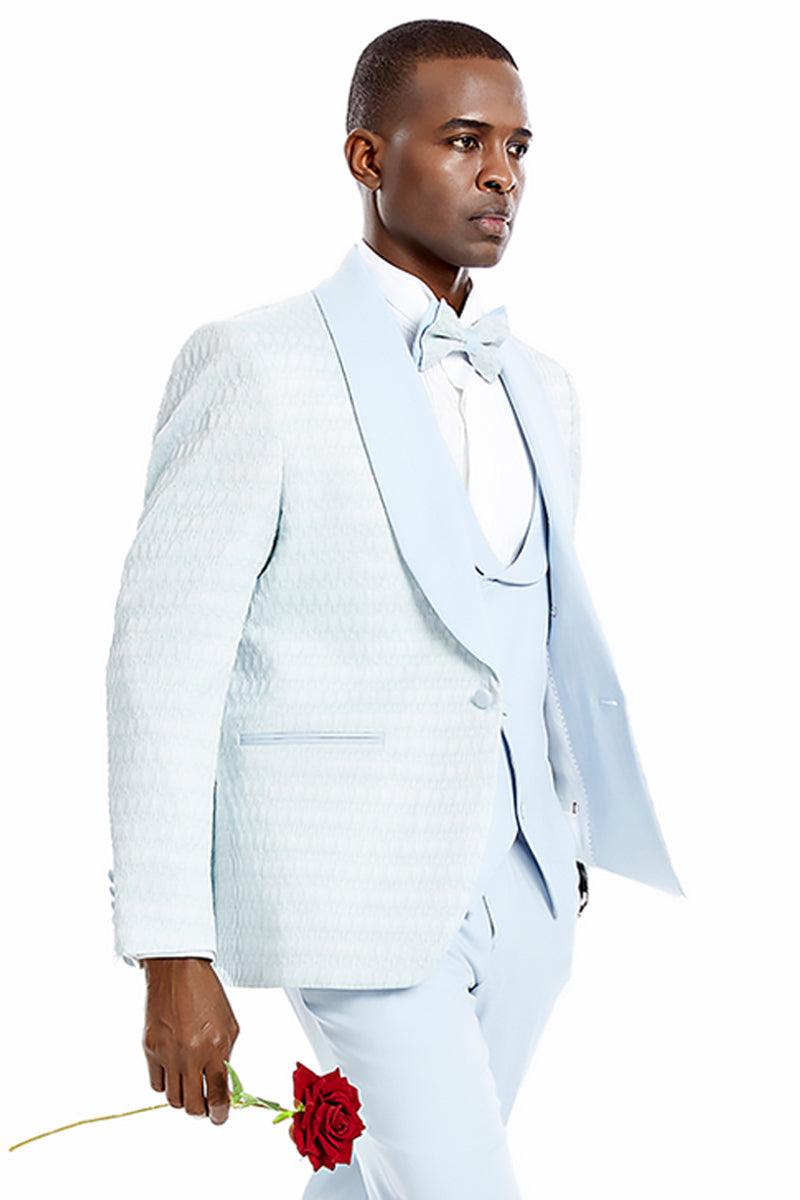 Men's Sky Blue Tuxedo w/ Honeycomb Lace Vest - Perfect for Weddings & Proms. - Elegant Mensattire