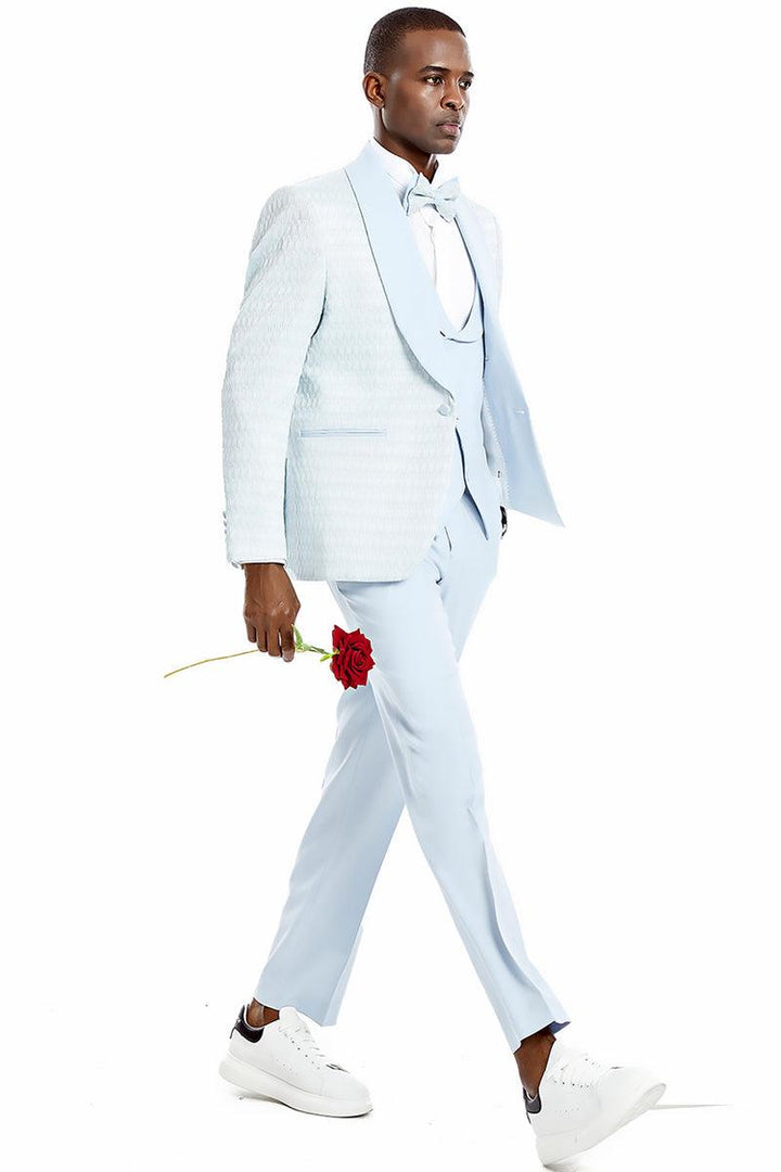 Men's Sky Blue Tuxedo w/ Honeycomb Lace Vest - Perfect for Weddings & Proms. - Elegant Mensattire