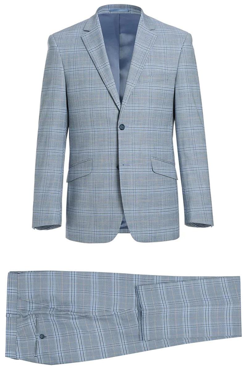 "Men's Slim-Fit 2-Piece Windowpane-Plaid Suit - Sky Blue - Renoir" - Elegant Mensattire