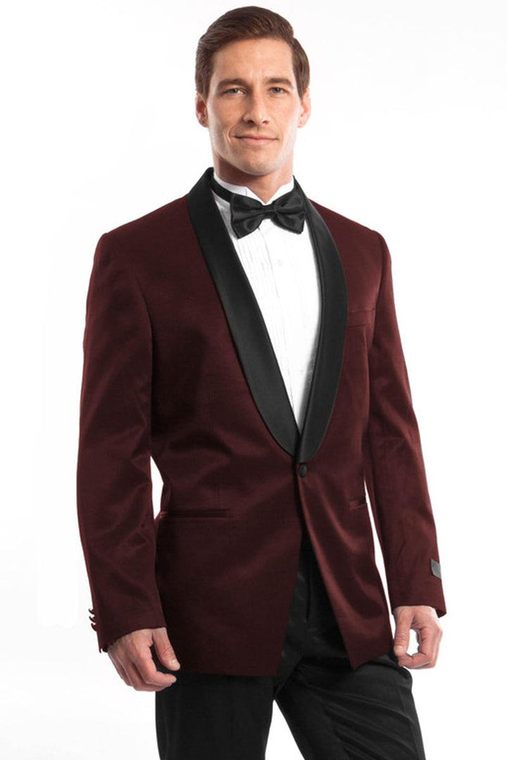 Men's Slim Fit Burgundy Satin Birdseye Shawl Tuxedo by Bryan Michaels - Elegant Mensattire