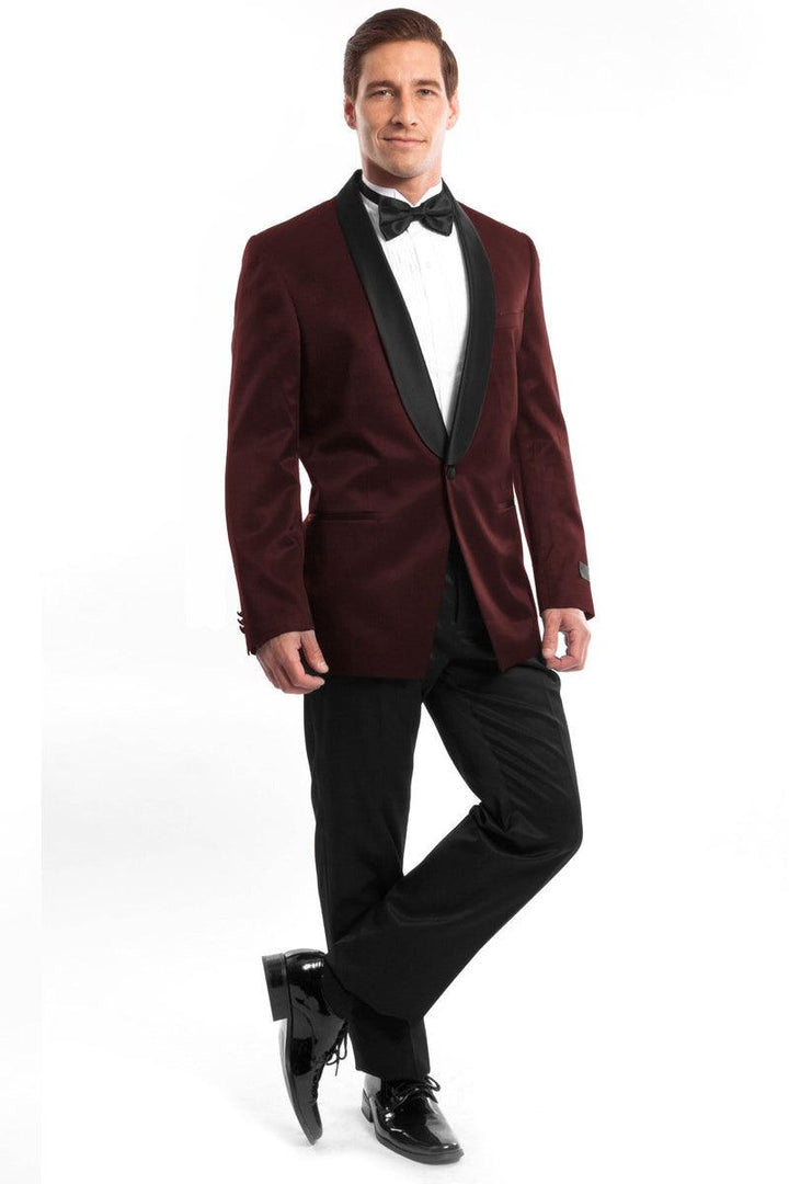 Men's Slim Fit Burgundy Satin Birdseye Shawl Tuxedo by Bryan Michaels - Elegant Mensattire