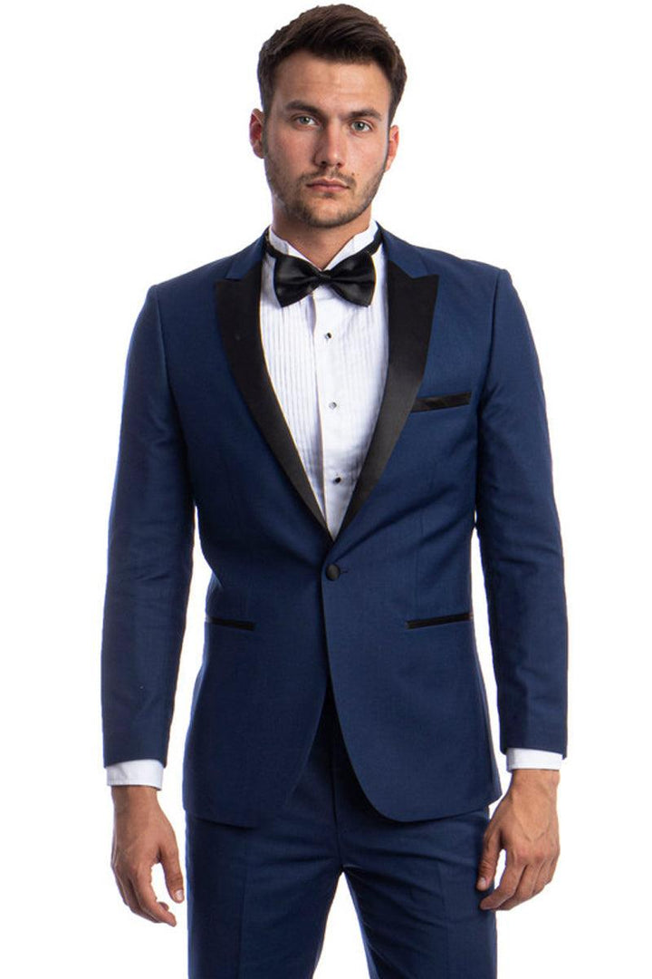 Men's Slim Fit Cobalt Blue Wedding Tuxedo w/ Peak Lapel & 1 Button Brand: Bryan Michaels - Elegant Mensattire