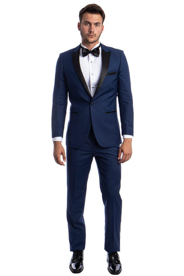 Men's Slim Fit Cobalt Blue Wedding Tuxedo w/ Peak Lapel & 1 Button Brand: Bryan Michaels - Elegant Mensattire