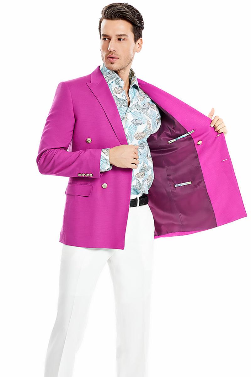 Men's Slim-Fit Double-Breasted Magenta Blazer - Tazio - Elegant Mensattire