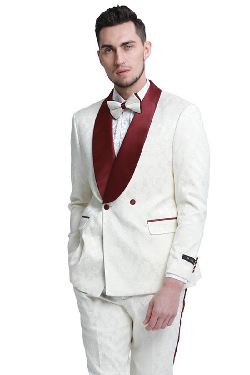 Men's Slim Fit Double Breasted Paisley Tuxedo Jacket: Tazio Ivory & Burgundy Wedding Prom - Elegant Mensattire