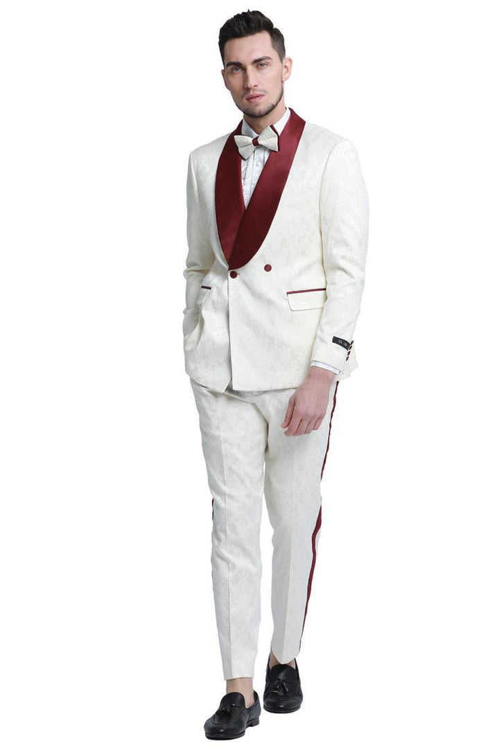 Men's Slim Fit Double Breasted Paisley Tuxedo Jacket: Tazio Ivory & Burgundy Wedding Prom - Elegant Mensattire