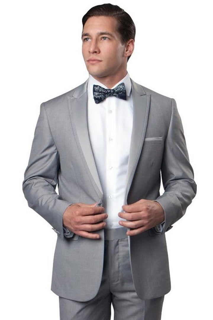 Men's Slim Fit Light Grey Tuxedo with Satin One Button Peak Lapel | Bryan Michaels - Elegant Mensattire