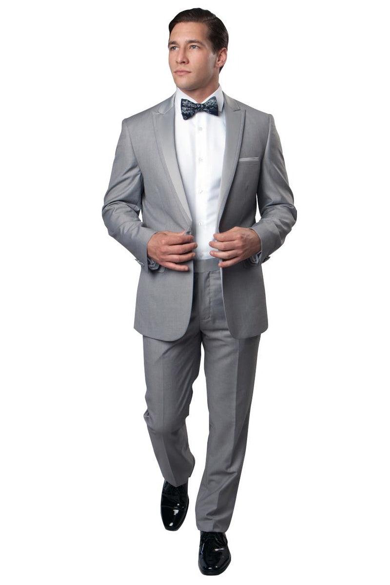 Men's Slim Fit Light Grey Tuxedo with Satin One Button Peak Lapel | Bryan Michaels - Elegant Mensattire