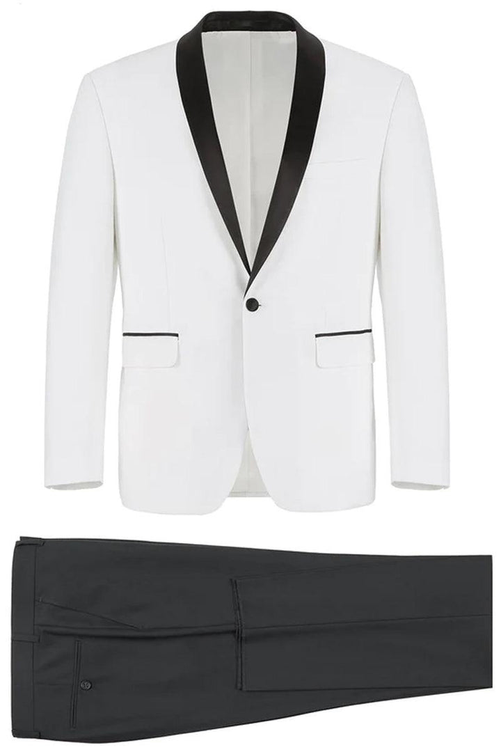 "Men's Slim Fit White Tuxedo with Shawl Collar by Renoir" - Elegant Mensattire