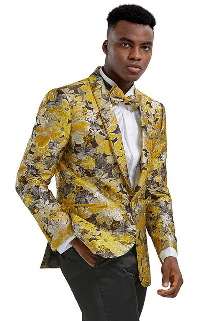 Men's Slim Tux Jacket in Gold & Black Paisley - Tazio Prom Style - Elegant Mensattire