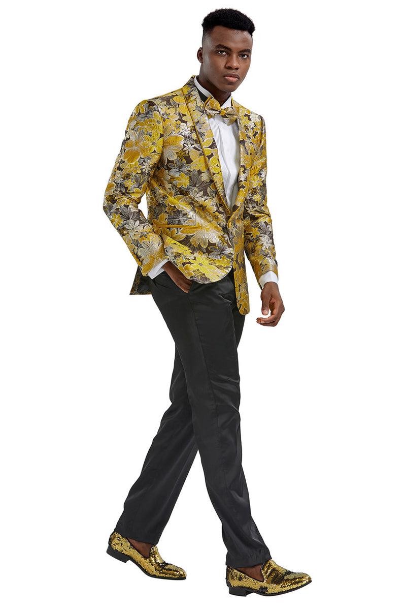 Men's Slim Tux Jacket in Gold & Black Paisley - Tazio Prom Style - Elegant Mensattire