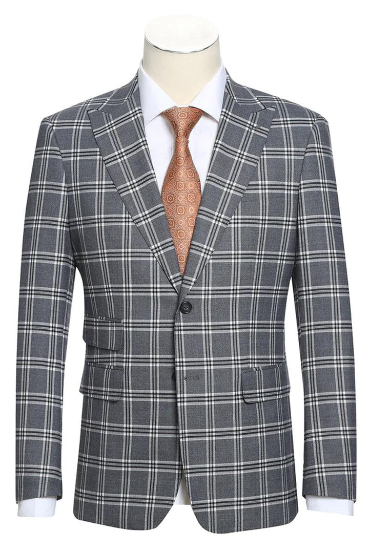 Men's Sophisticated Slim Fit Peak Lapel English Laundry Suit in Grey Windowpane Plaid - Elegant Mensattire