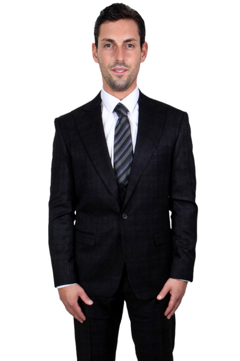 "Men's Stacy Adams Black Glen Plaid 1-Button Vested Suit" - Elegant Mensattire