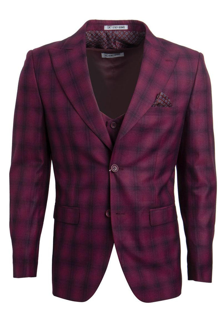 Men's Stacy Adams Burgundy Vested 2-Button Windowpane Plaid Suit - Elegant Mensattire