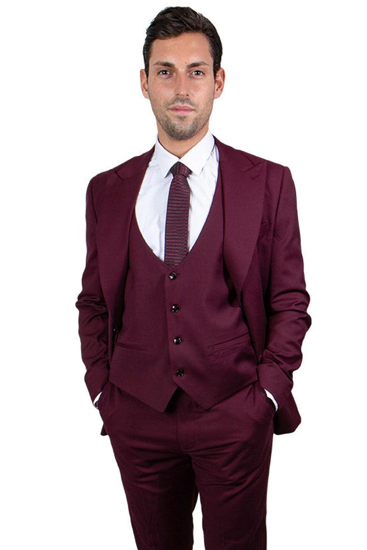 Men's Stacy Adams Vested Burgundy Suit | Classy 1-Button Peak Lapel - Elegant Mensattire