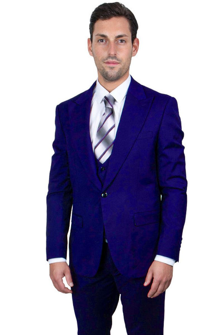 Men's Stately Indigo Blue Stacy Adams 1-Btn Vested Peak Lapel Suit - Elegant Mensattire