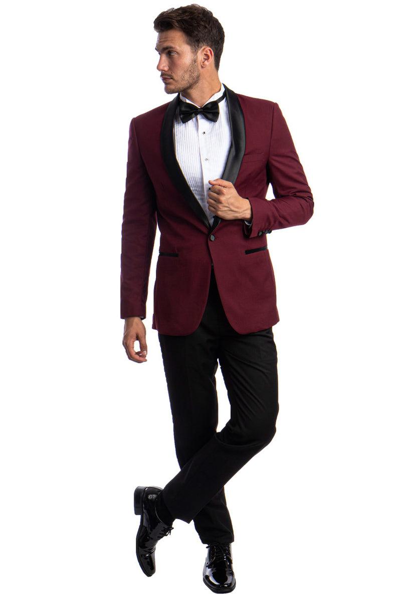 Men's Stylish Burgundy 1-Button Prom Tuxedo | Skinny Fit, Shawl Lapel | Azzuro - Elegant Mensattire