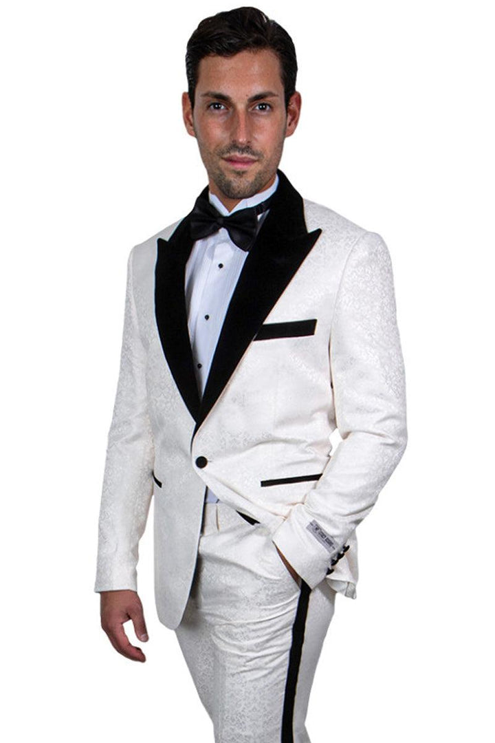 Men's Stylish Ivory & Black Stacy Adams Paisley Prom & Wedding Tuxedo - Elegant Mensattire