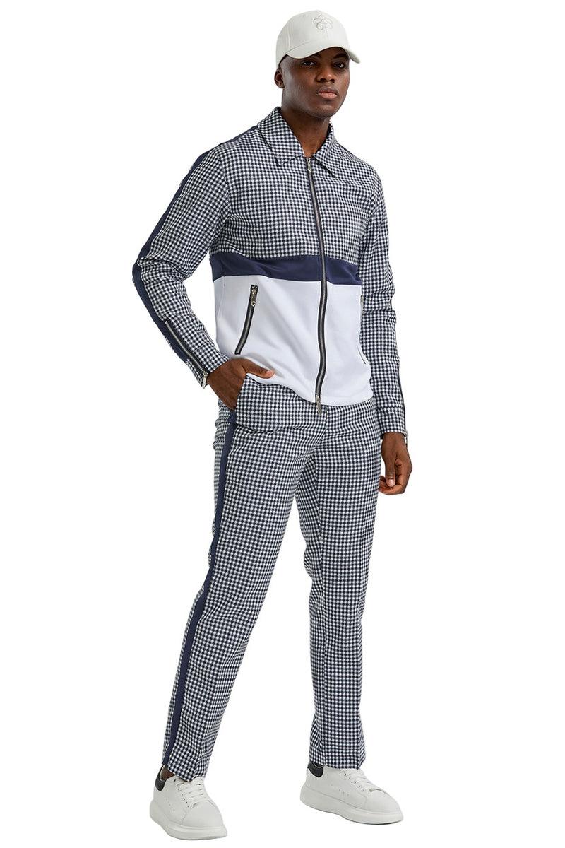 Men's Stylish Tazio Navy Houndstooth Suit Jacket & Pant Set - Elegant Mensattire