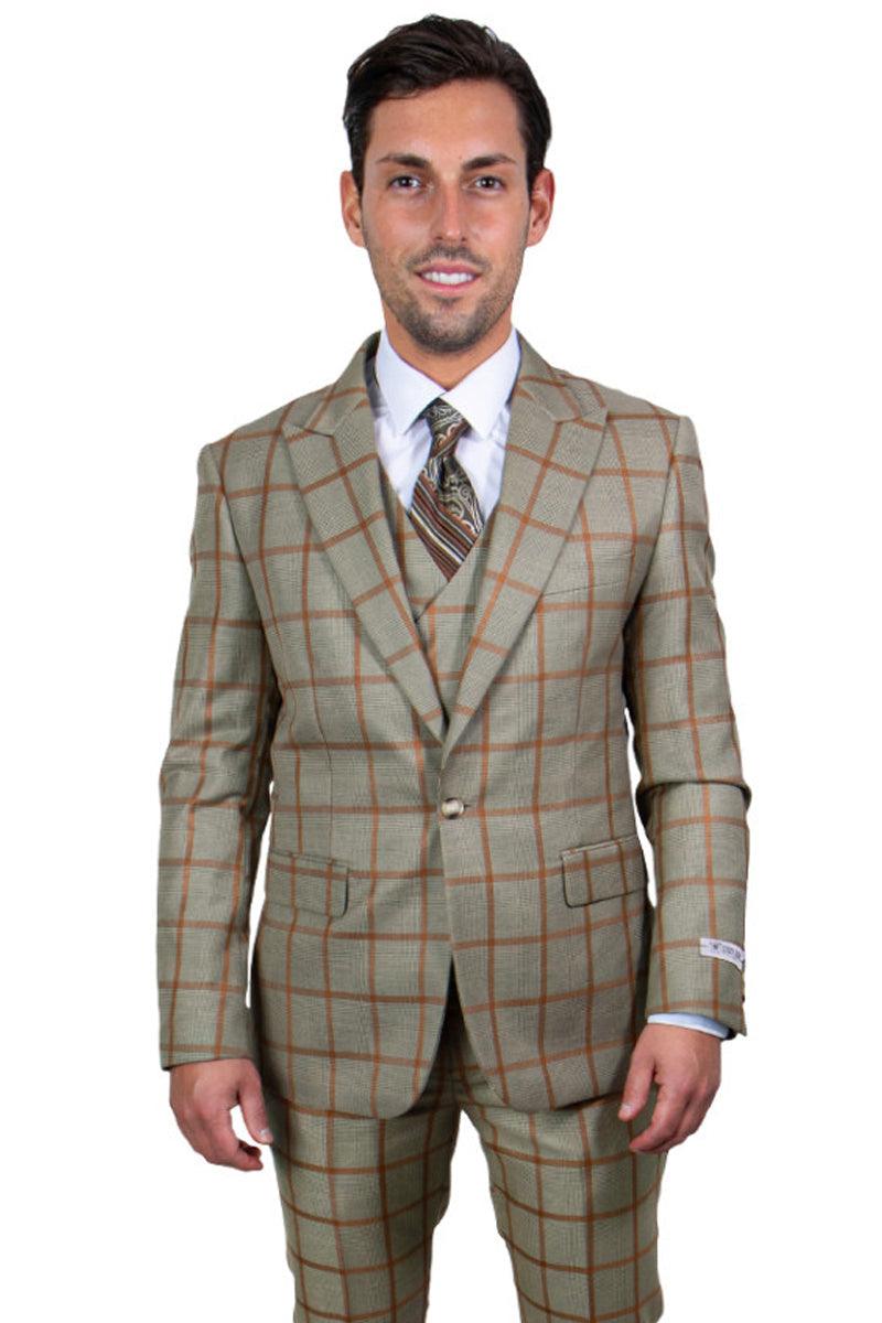 Men's Tan & Gold Windowpane Vested Suit by Stacy Adams - Elegant Mensattire