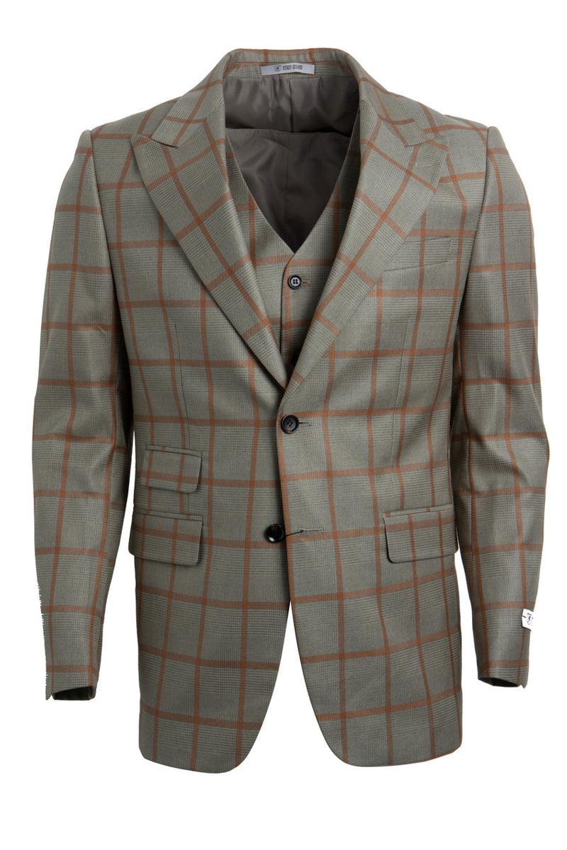 Men's Tan & Gold Windowpane Vested Suit by Stacy Adams - Elegant Mensattire