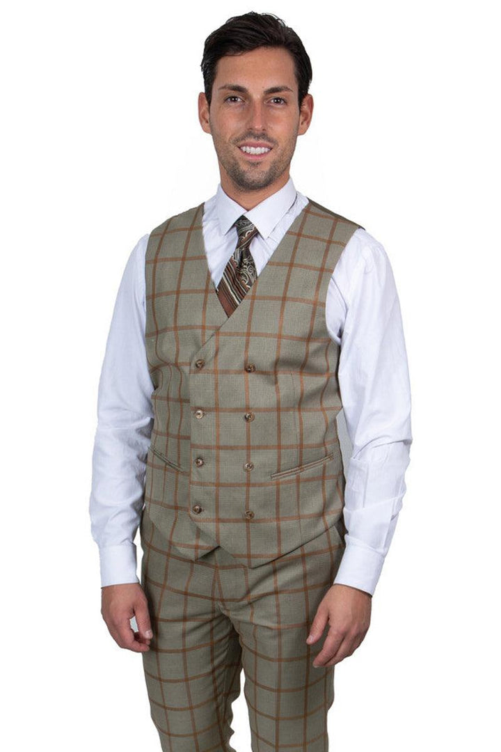 Men's Tan & Gold Windowpane Vested Suit by Stacy Adams - Elegant Mensattire