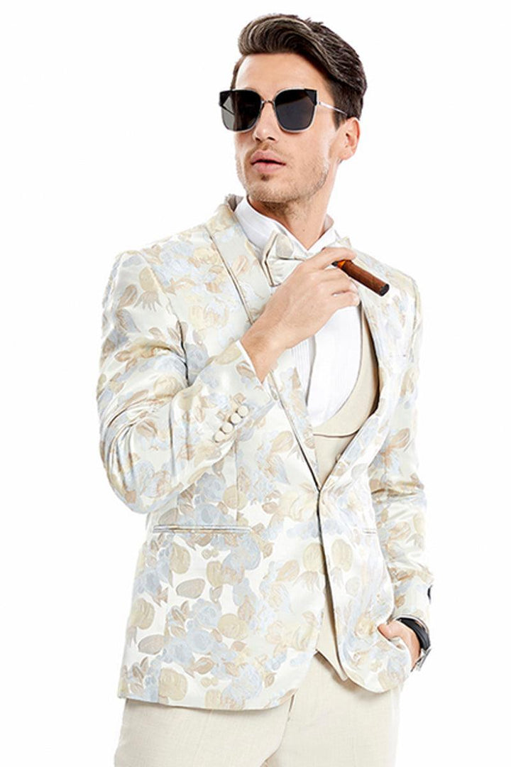 Men's Tan "Tulip Floral" Vested Wedding Tuxedo Jacket by Tazio - Elegant Mensattire