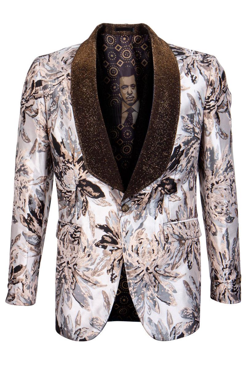 Men's Tan Velvet Glitter Shawl Tux Jacket: Empire Safari Print - Elegant Mensattire