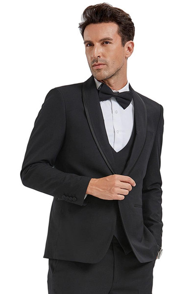 Men's Tazio 1-Btn Black Birdseye Vested Tuxedo w/Black Satin Trim - Elegant Mensattire