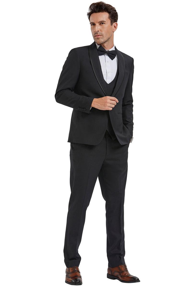 Men's Tazio 1-Btn Black Birdseye Vested Tuxedo w/Black Satin Trim - Elegant Mensattire