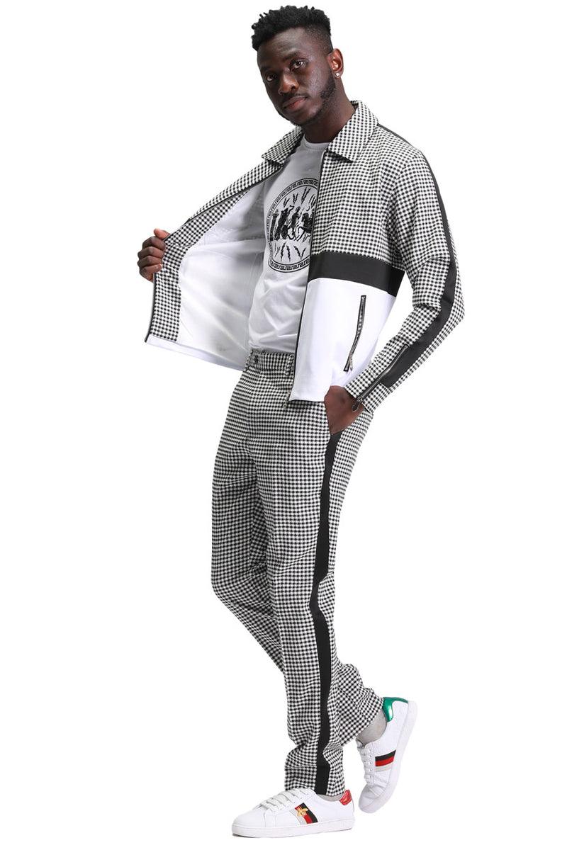 Men's Tazio Black Houndstooth Suit Jacket & Pants Set: Stylish Casual Walking Wear - Elegant Mensattire